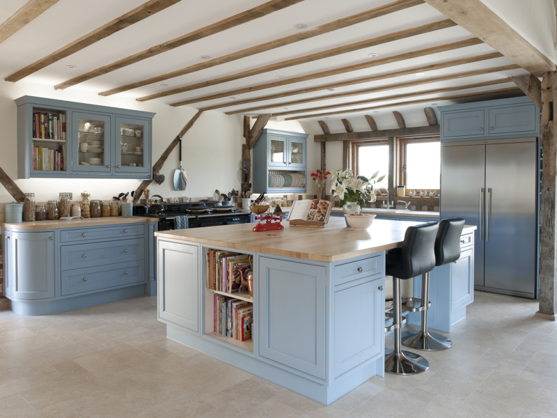 traditional blue cottage kitchen with tiled floor