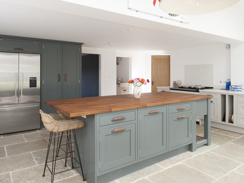 kitchen with island and wood worktop