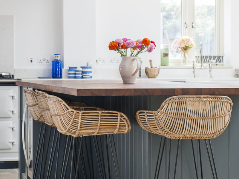 breakfast bar with woven barstools