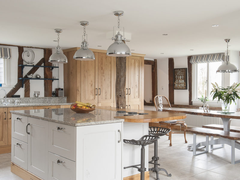 family kitchen with island and pendant lamps