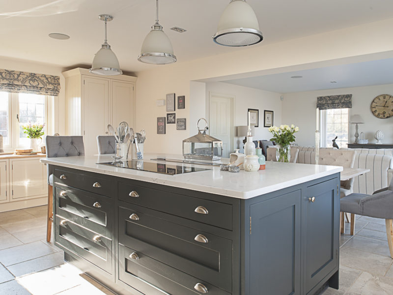 classic kitchen with island and pendant lights