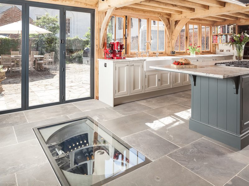 kitchen with feature subermged wine cellar