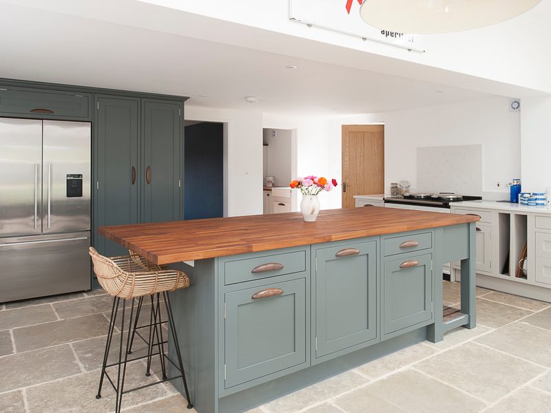 kitchen with island and wood worktop