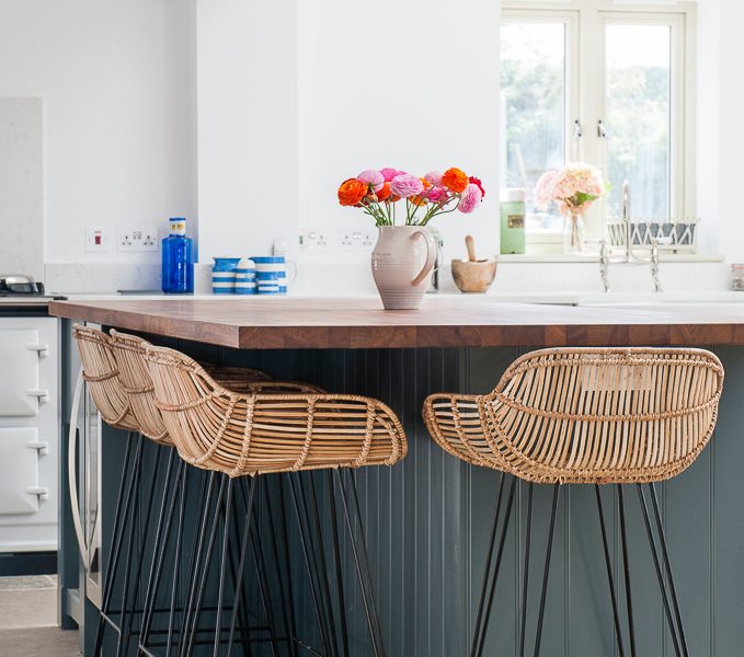 breakfast bar with woven barstools