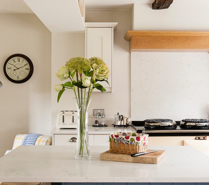 cottage kitchen with blue island and houseplants