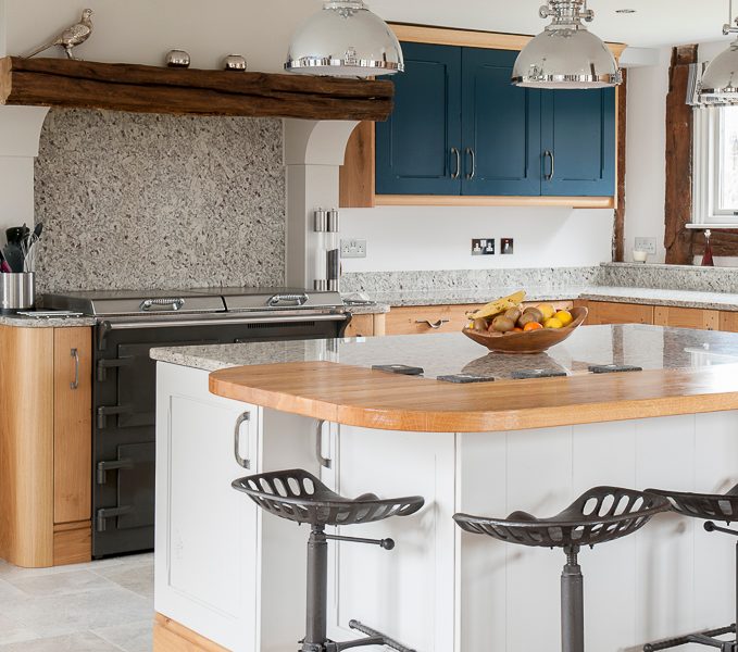 kitchen with island and industrial barstools