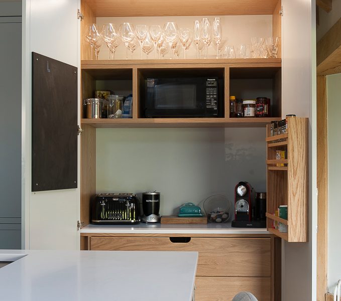 modern country kitchen with wood shelving storage