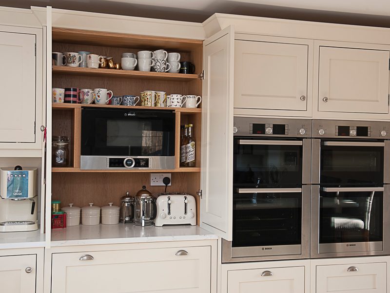 classic kitchen with wood shelving