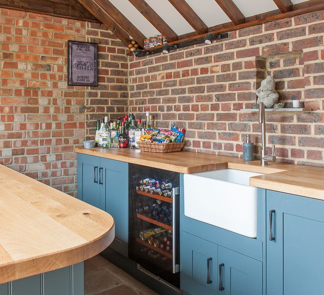 blue bar with brick wall and beams