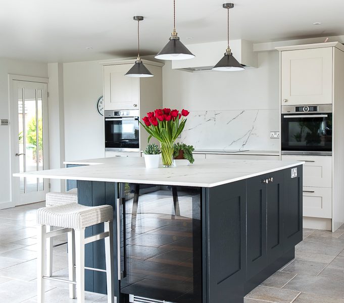 monochrome kitchen island with white stool